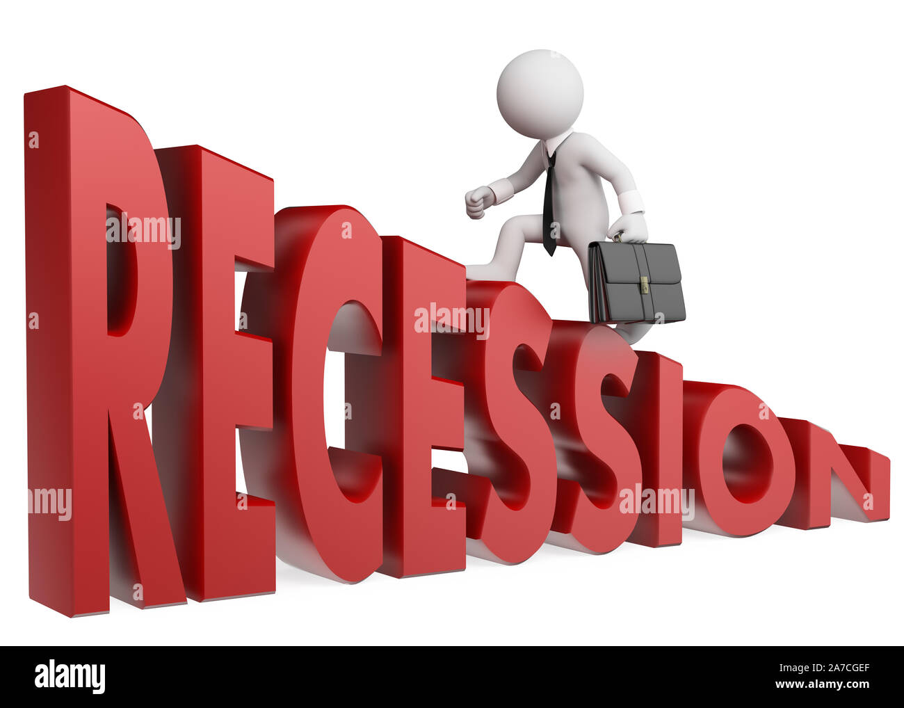 3d bianchi illustrazione. Imprenditore salendo la parola recessione. Metafora. Isolato sullo sfondo bianco. Foto Stock