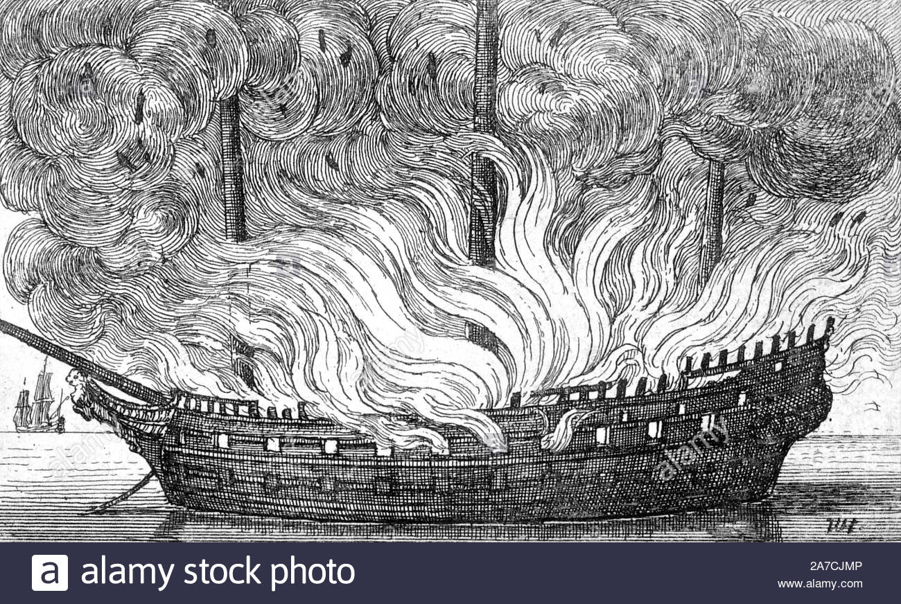 Ardente nave, attacco da incisore boemo Wenceslaus Hollar da 1600s Foto Stock