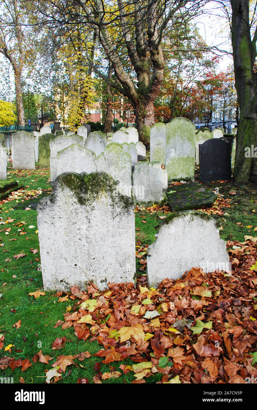 Autunno antico cimitero con foglie di colore arancione e verde erba in Inghilterra. Spooky vecchio cimitero per temi di Halloween e decorazione. Foto Stock