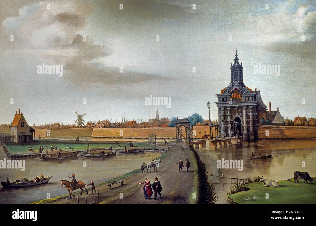 Vista del Haarlemmerpoort 1635-1640 da Hendrick Cornelisz Vroom 1566-1640 i Paesi Bassi, olandese ( trasporto pubblico viaggi in via barca da Amsterdam a Haarlem ) Foto Stock
