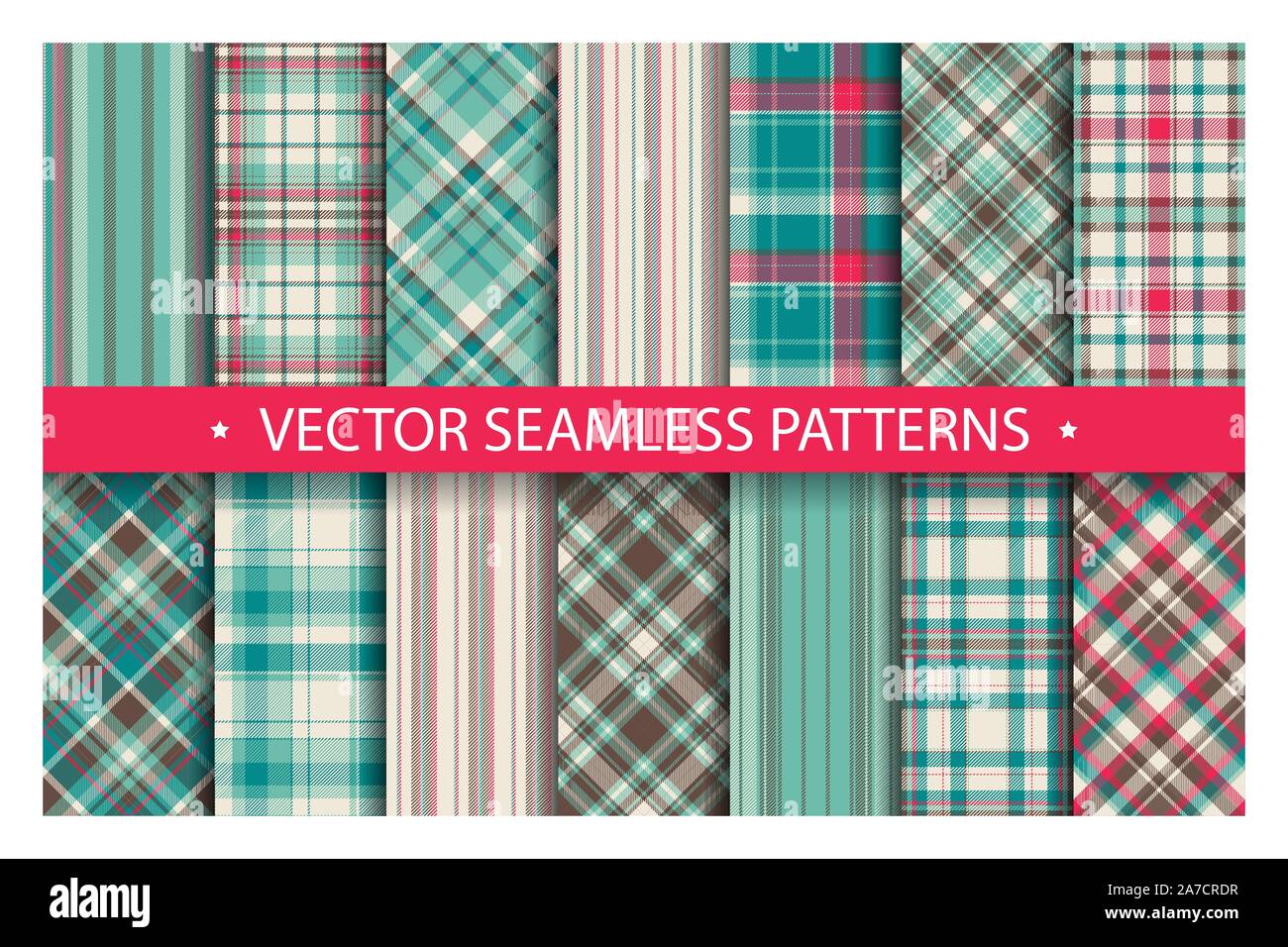 Set di tartan pattern seamless plaid vettore. Geometriche del tessuto di sfondo texture. Controllare moderna moda modello per la stampa tessile, carta da imballaggio, dono c Illustrazione Vettoriale