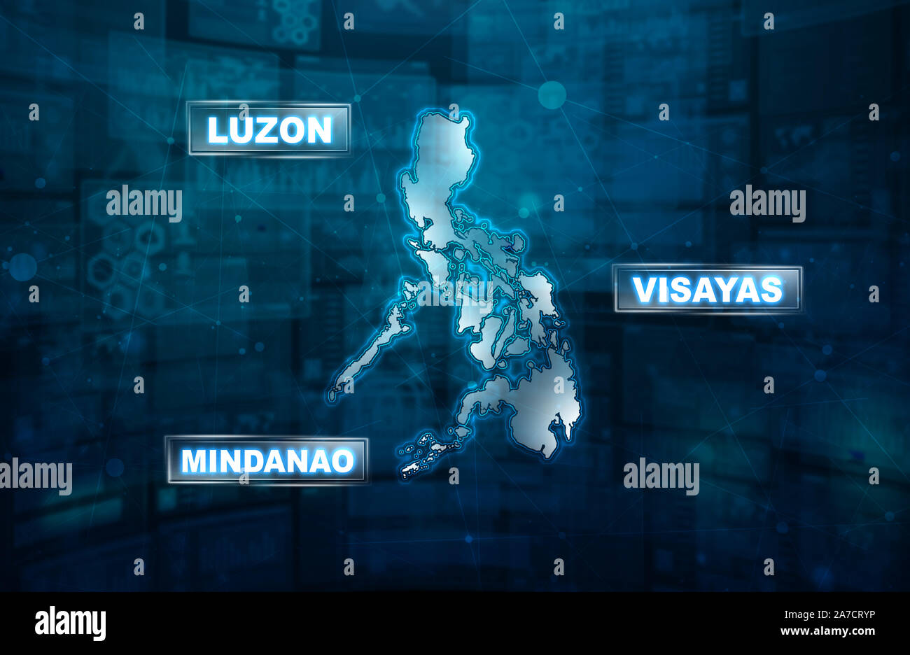 Avveniristica e advanced theme dell'isola filippina mappa di contorno con i nomi dei suoi grandi isole di divisione che sono il Luzon, Visayas e la mente Foto Stock