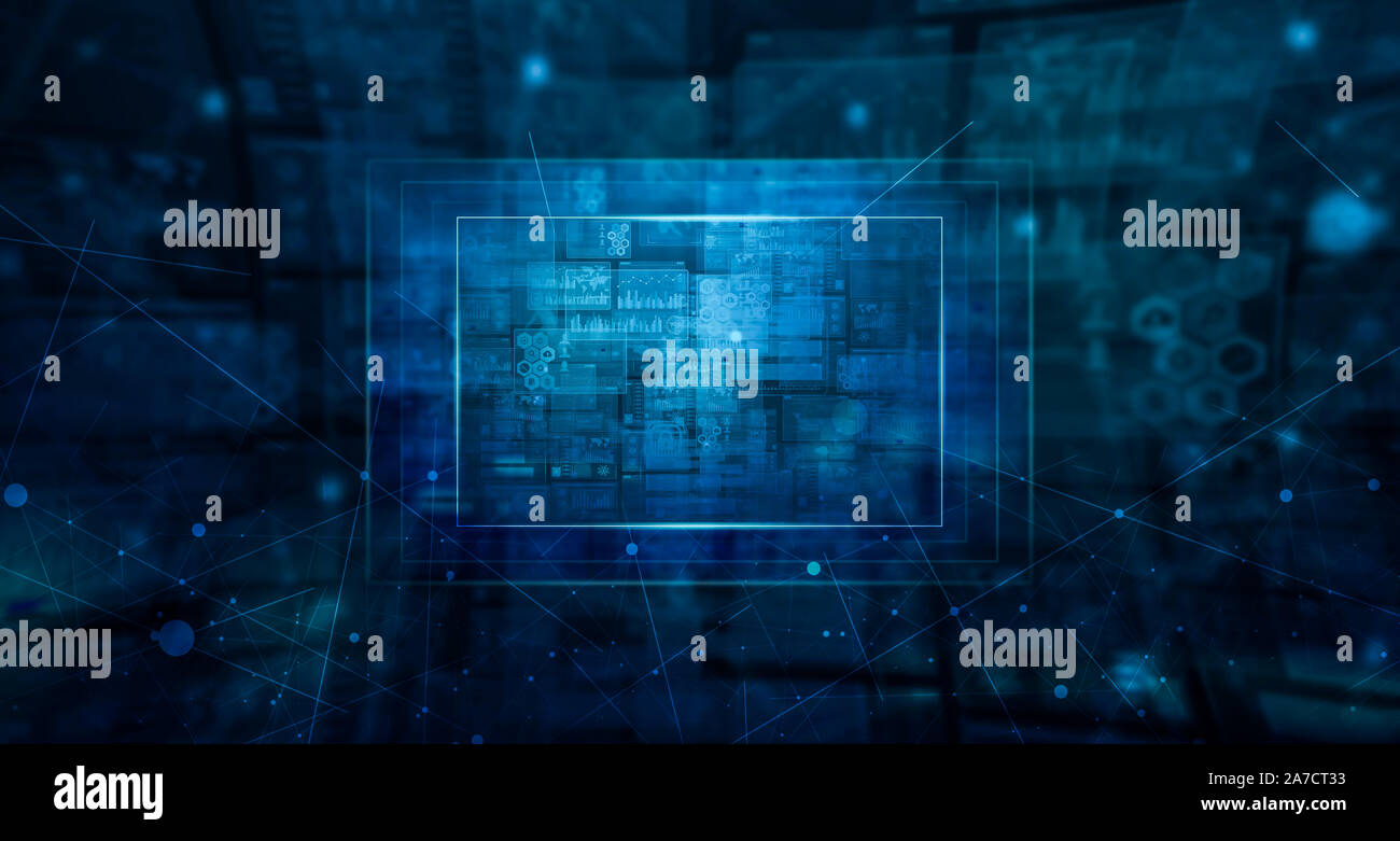 Vuoto figura quadrata con olografica schermi virtuali tecnologia, Testo da inserire nel telaio. Foto Stock