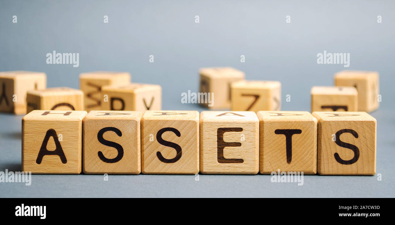 Blocchi di legno con la parola asset. La risorsa di proprietà dell'azienda. La contabilità finanziaria. Denaro e finanze. Disponibilità liquide equivalenti, i certificati di deposito Foto Stock