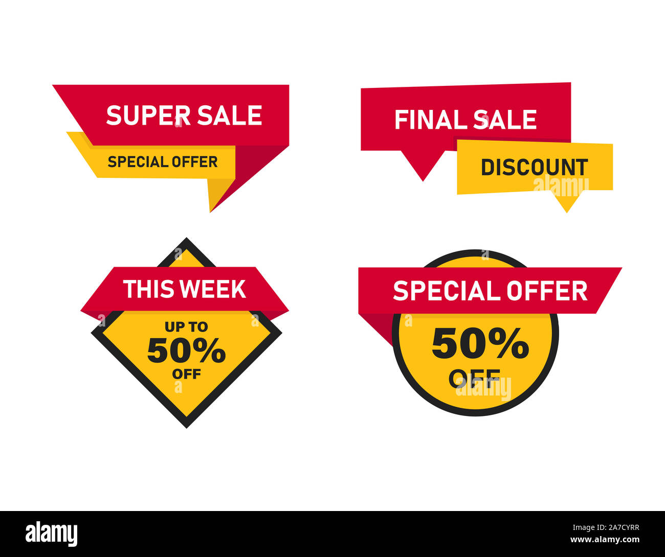 Vendita banner set simboli isolati. Offerte speciali elementi. Prezzo scontato. Banner di raccolta o adesivi. EPS 10 Foto Stock