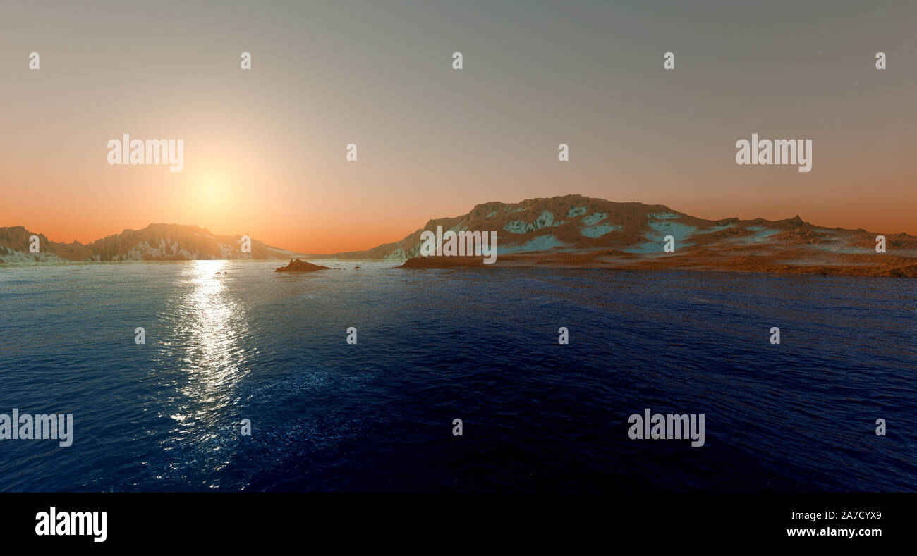Acqua su Marte come pianeta Shot dallo spazio estremamente dettagliato e realistico 3d immagine del paesaggio marziano Foto Stock