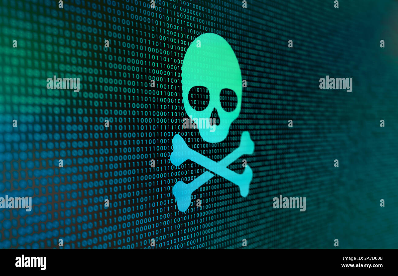 Computer virus concetto con uno schermo di incandescente cifre binarie con un Teschio e Ossa Croce simbolo Foto Stock