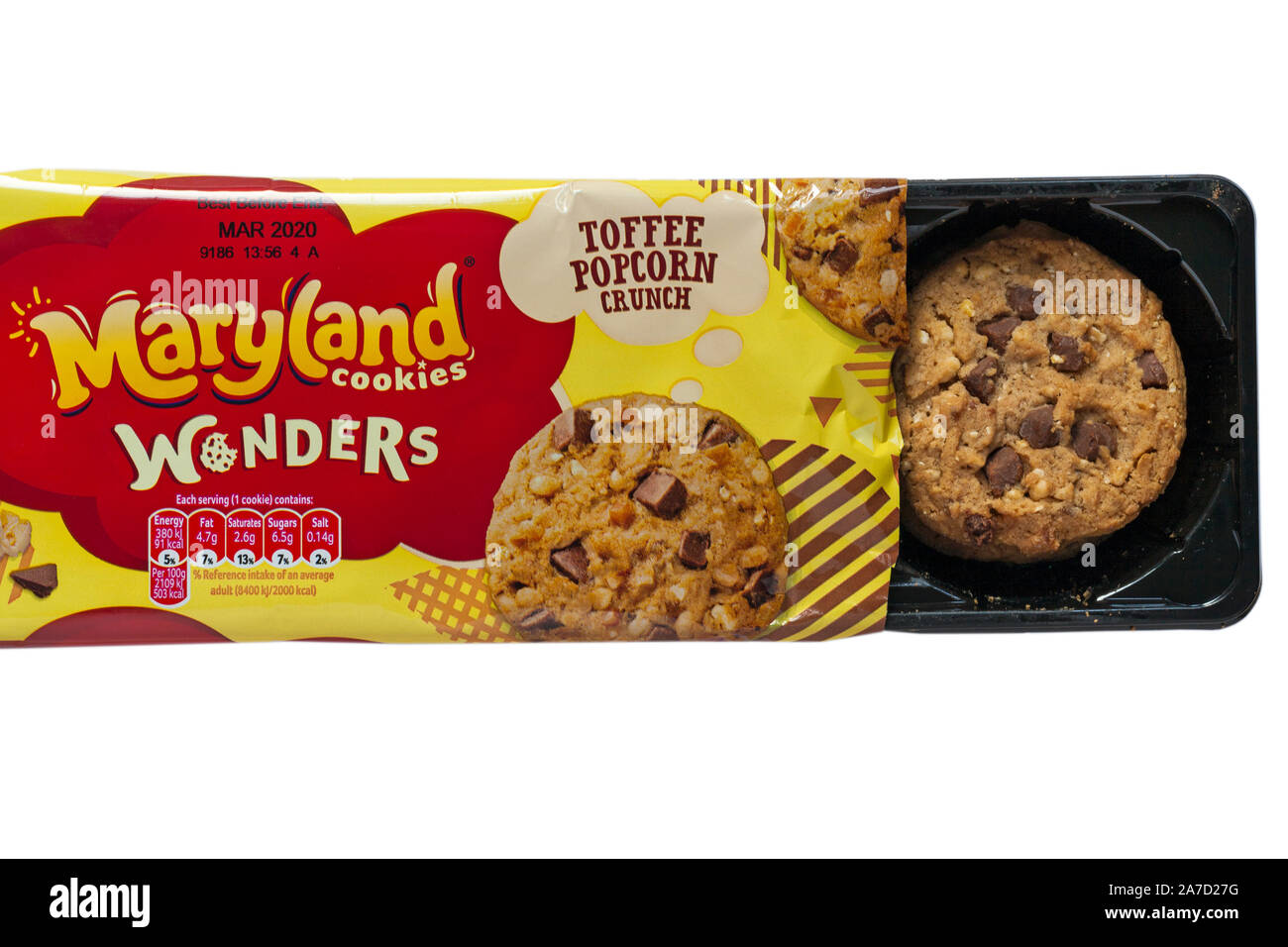 Pacchetto di Maryland cookies meraviglie toffee popcorn crunch aperta per mostrare il contenuto è stato impostato su sfondo bianco Foto Stock