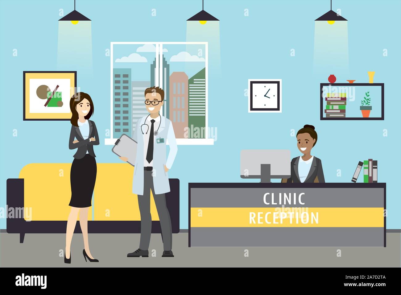 La reception della clinica, il medico e il paziente sta in piedi, amministratore si siede, cartoon illustrazione vettoriale Illustrazione Vettoriale