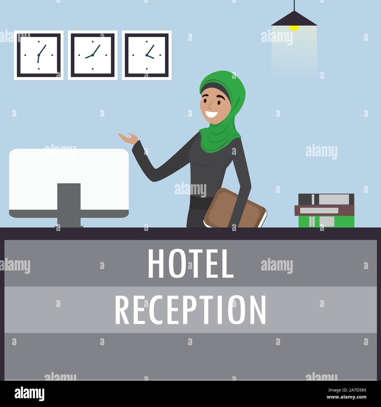 Giovane donna araba receptionist di hijab sorge presso la reception. Turismo, ospitalità, hotel prenotazione concetto.Cartoon piatta illustrazione vettoriale Illustrazione Vettoriale