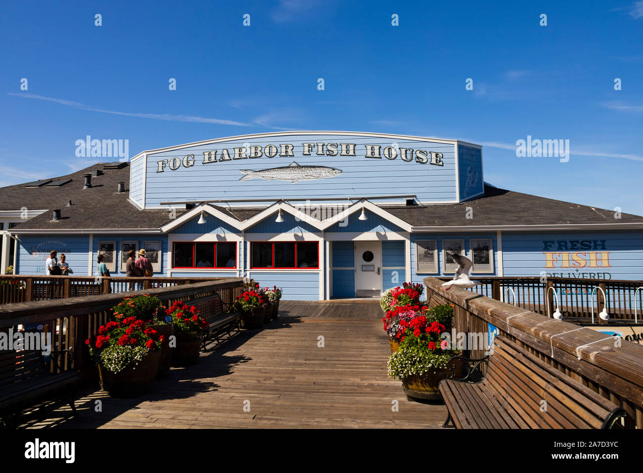 Nebbia pesce Harbour House Restaurant, attrazioni su Pier 39, Fishermans Wharf di San Francisco, in California, Stati Uniti d'America Foto Stock