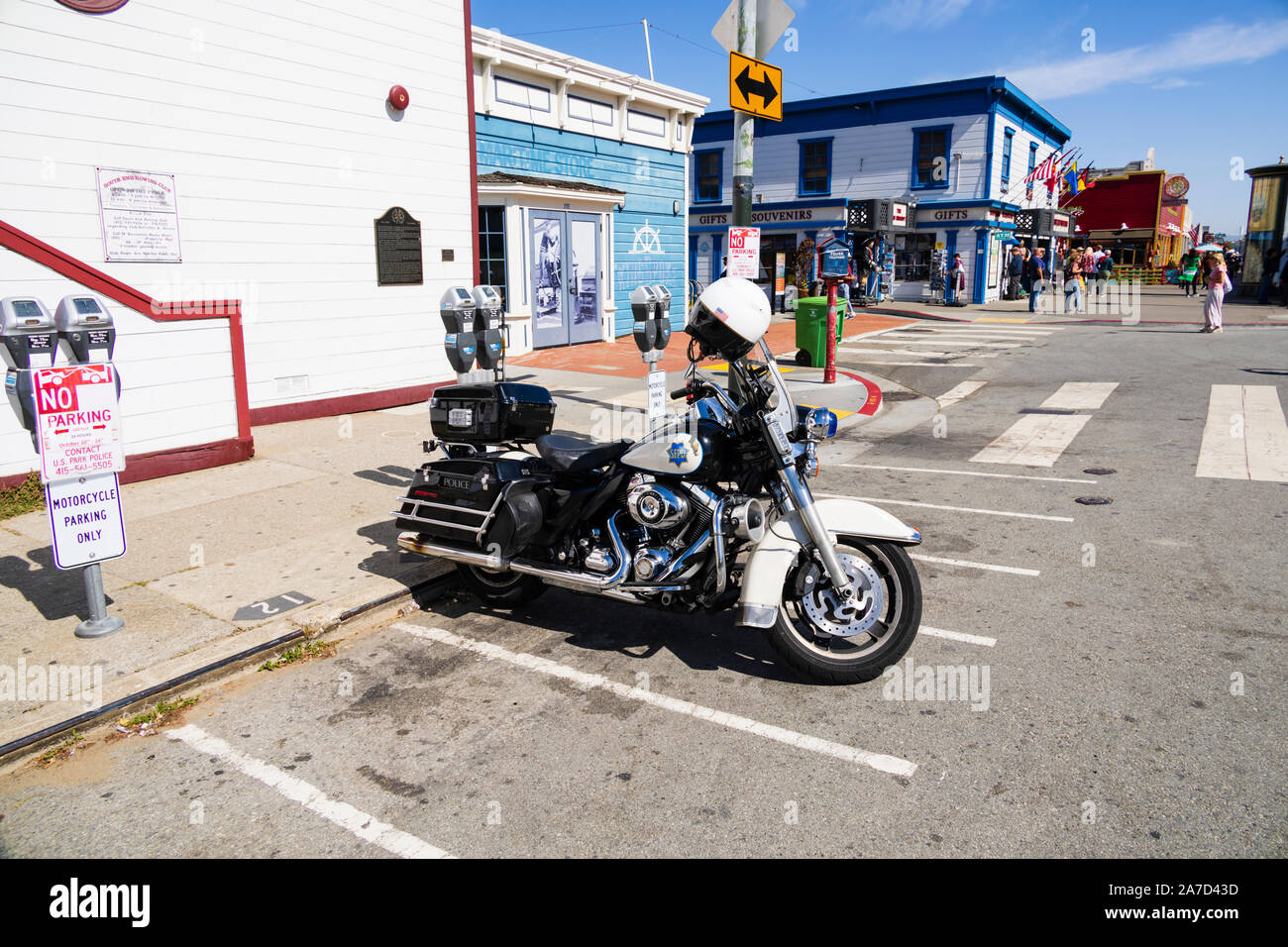 SFPD Harley Davidson Polizia stradale di Re moto, parcheggiato a San Francisco, California, Stati Uniti d'America Foto Stock