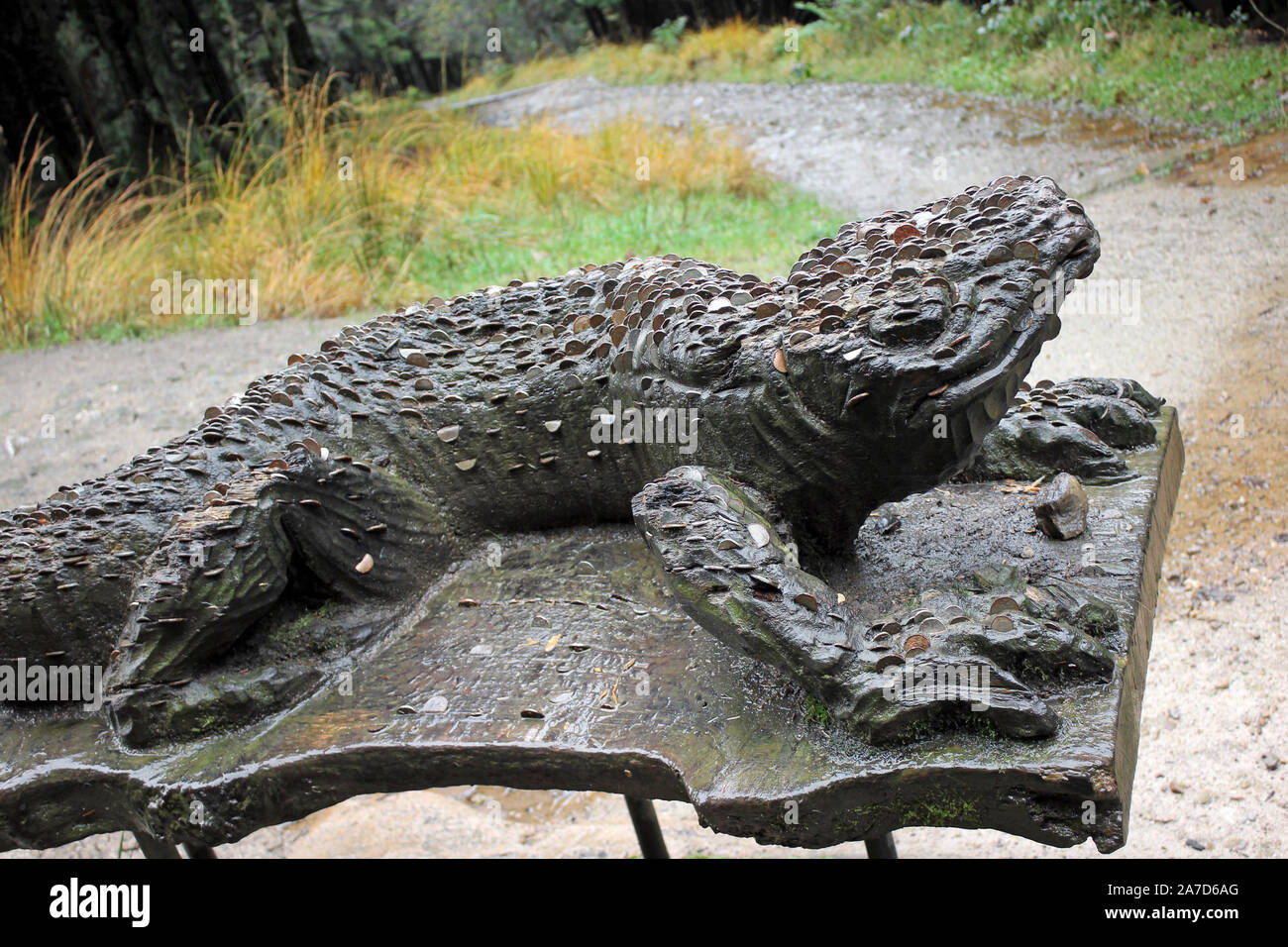Lizard scultura embedded con monete, cadde Beacon Country Park, Lancashire, Regno Unito Foto Stock