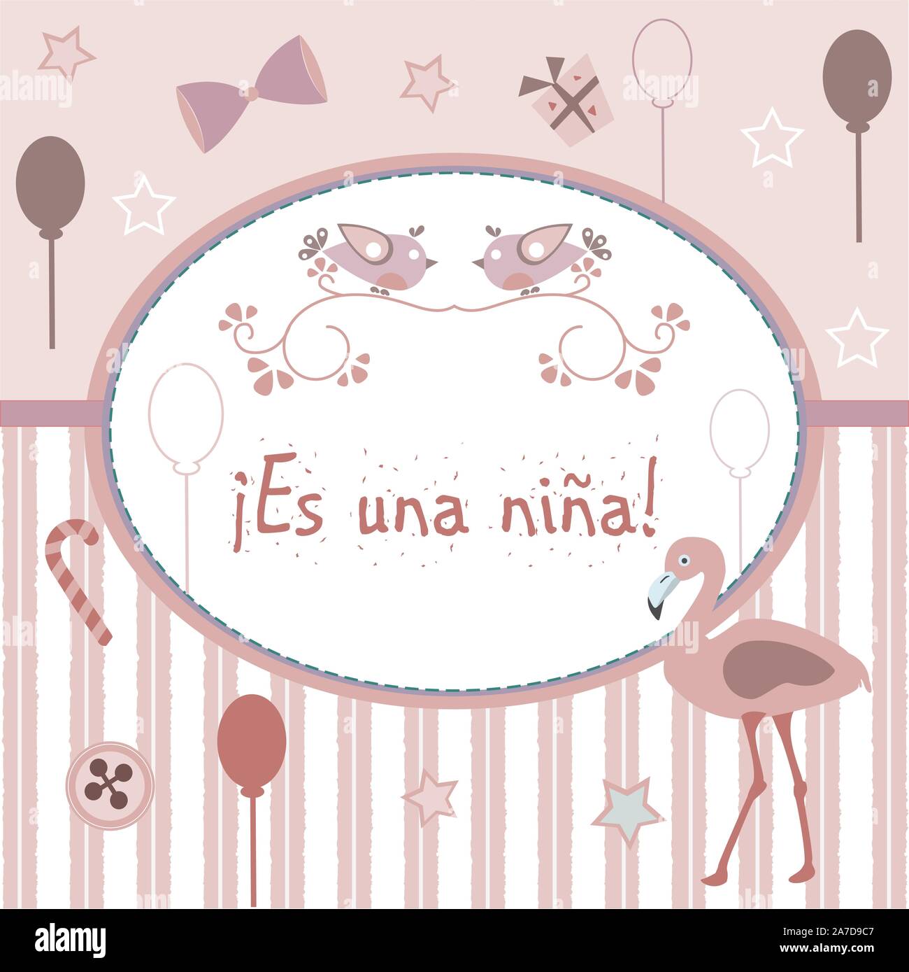 'Es una nina" significa "Si tratta di una ragazza' in lingua spagnola. Baby girl annuncio di nascita. Da bambino, doccia collezione. Illustrazione Vettoriale. Illustrazione Vettoriale
