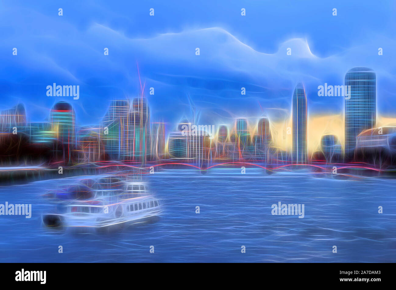 Città nave da crociera sul Fiume Tamigi con lo skyline di Londra Silhouette in background. Futuristica città di notte. Neon incandescente viola e luci blu Foto Stock