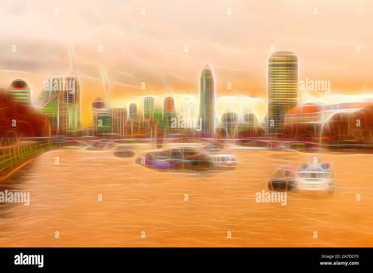 Città nave da crociera sul Fiume Tamigi con lo skyline di Londra Silhouette in background. La Skyline di Londra oltre il Tamigi, opere d'arte digitale Foto Stock