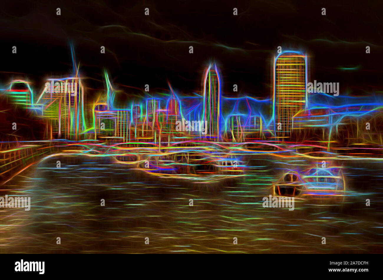 Città nave da crociera sul Fiume Tamigi con lo skyline di Londra Silhouette in background. La Skyline di Londra oltre il Tamigi, opere d'arte digitale Foto Stock