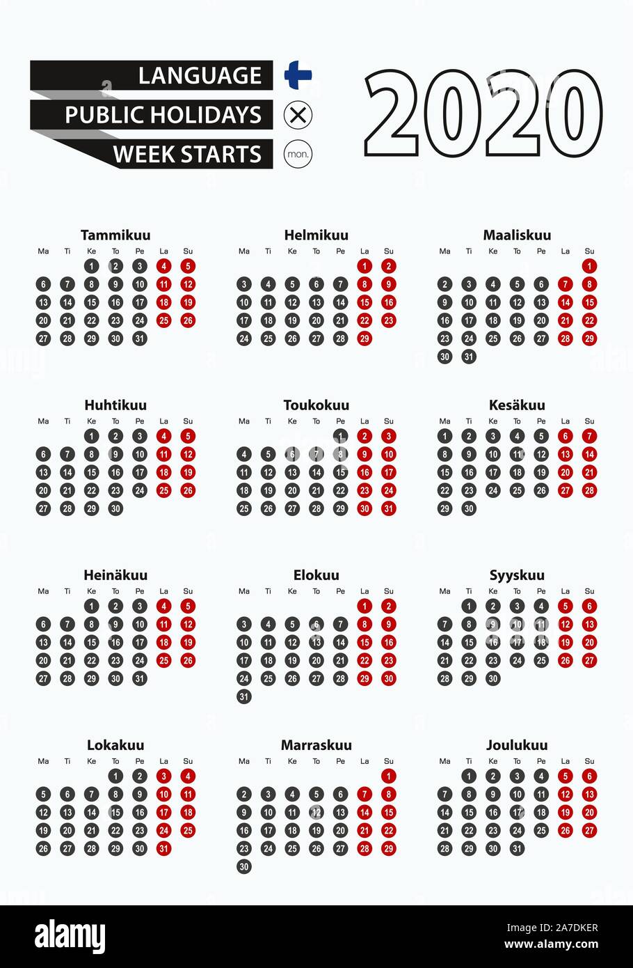 Template vettoriale calendario 2020 con numero a cerchi, semplice calendario finlandese per l'anno 2020. Illustrazione Vettoriale. Illustrazione Vettoriale