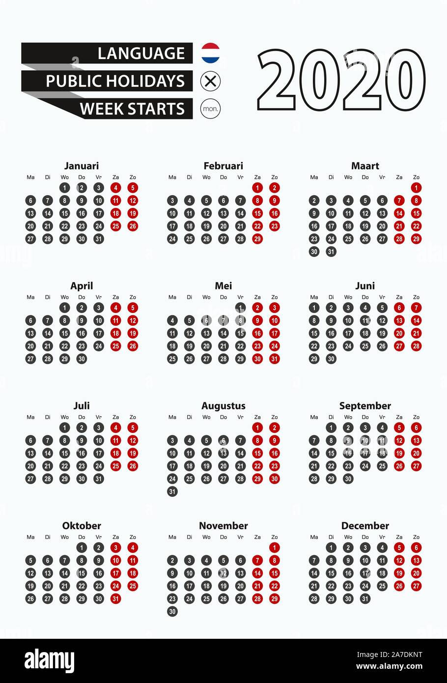 Template vettoriale calendario 2020 con numero a cerchi, semplice calendario olandese per l'anno 2020. Illustrazione Vettoriale. Illustrazione Vettoriale