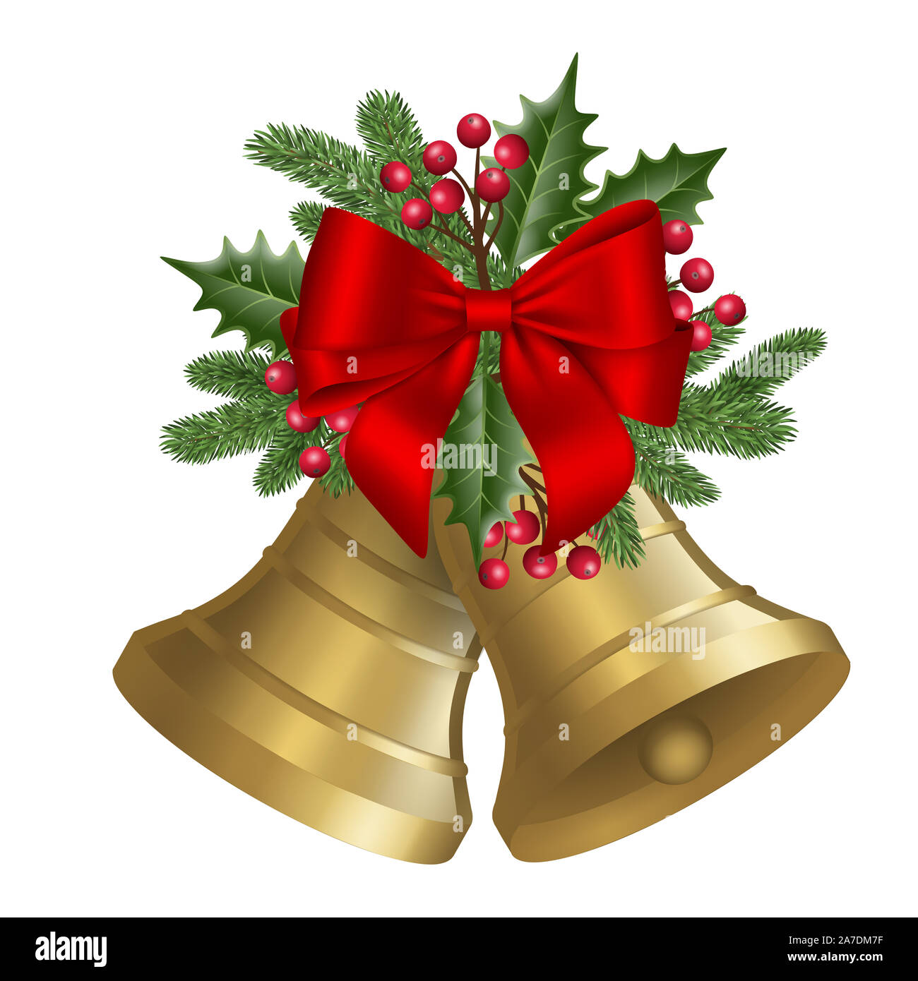 Natale campanelli d'oro con fiocco rosso, holly foglie e bacche e rami di pino Foto Stock