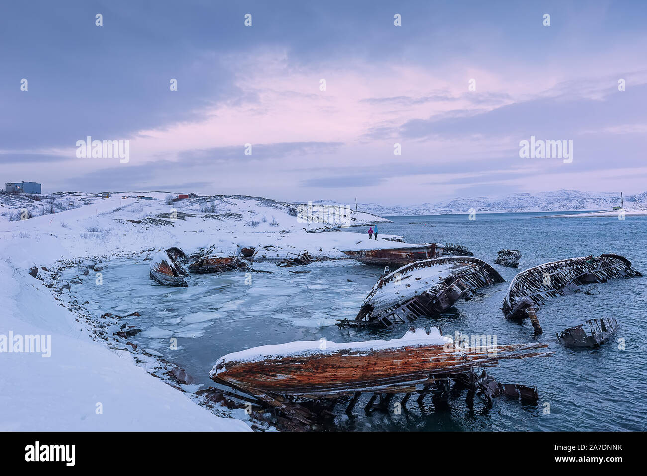 Parti in legno delle vecchie navi sul mare di Barents costa a sunrise. Il cimitero di nave, Teriberka, Regione di Murmansk, la penisola di Kola. La Russia. Foto Stock