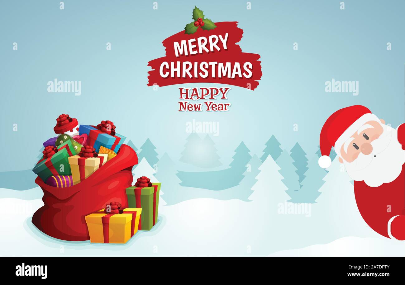 Buon Natale scritte, Felice Natale compagni. Babbo Natale con i doni, snowman, renne, e elf natale in scena di neve Illustrazione Vettoriale