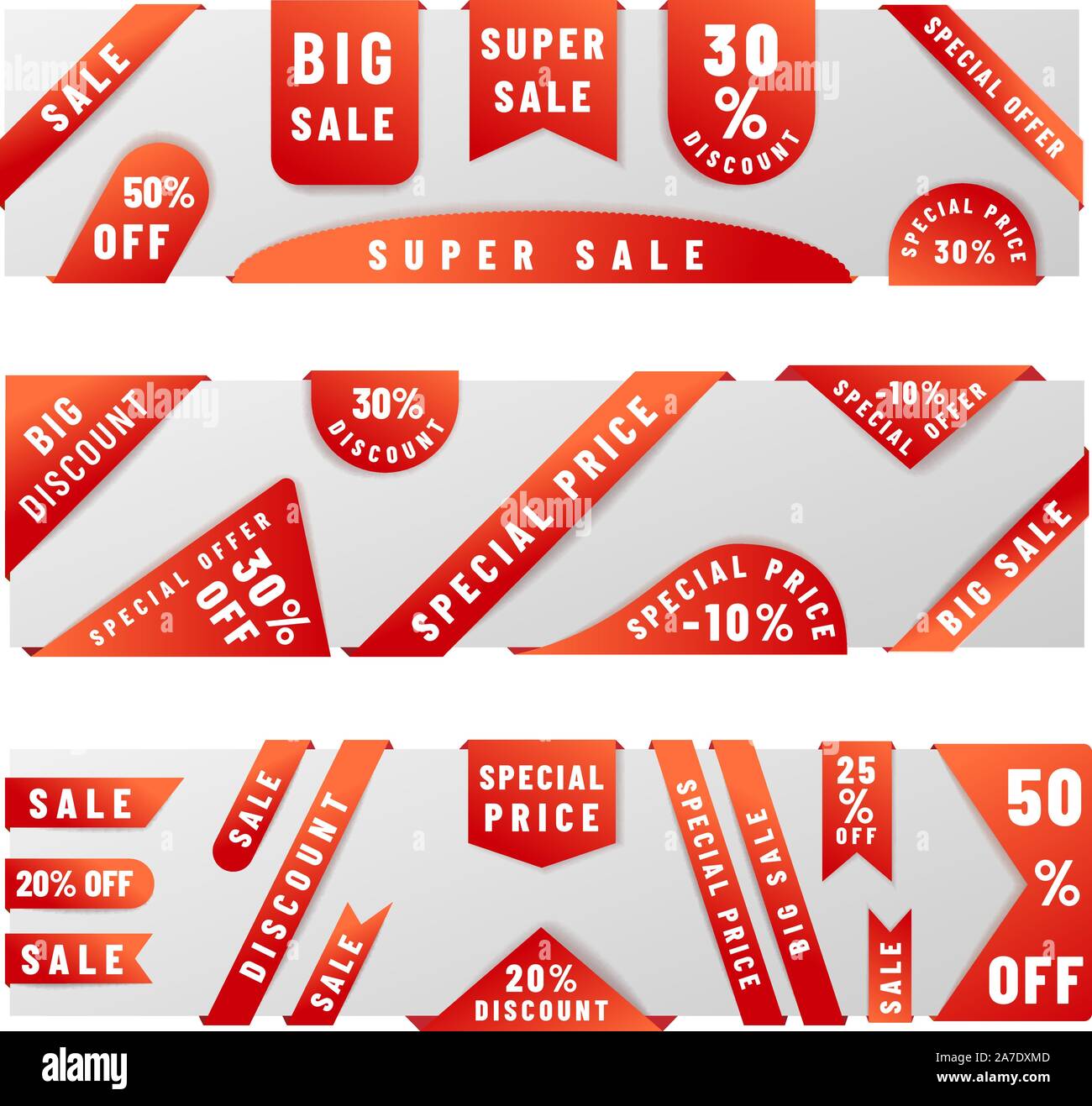 Grande set di colore rosso brillante vendita adesivi di badge con ombra Illustrazione Vettoriale