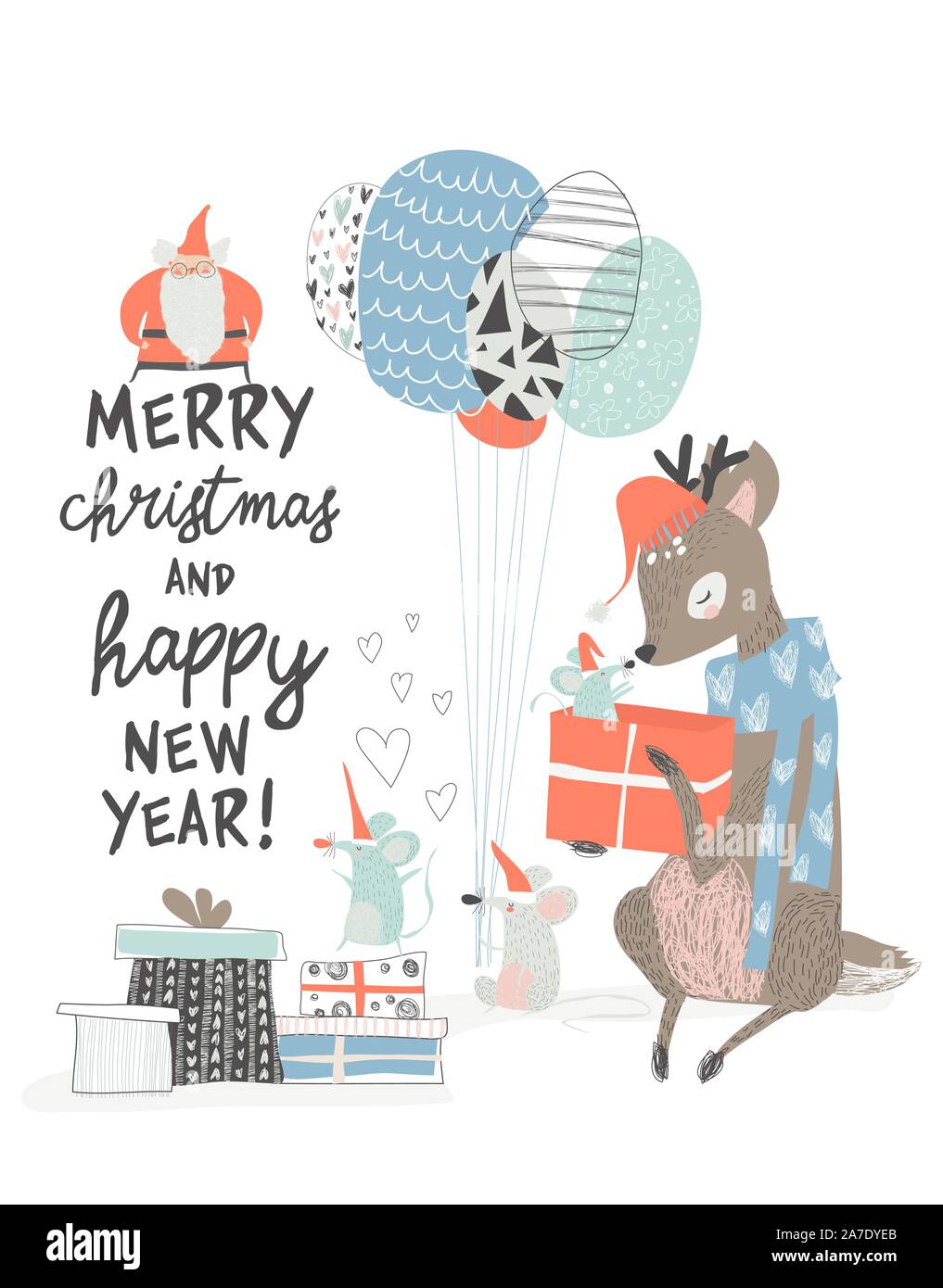 Il messaggio di saluto della scheda di natale con graziosi cervi e mouse Illustrazione Vettoriale