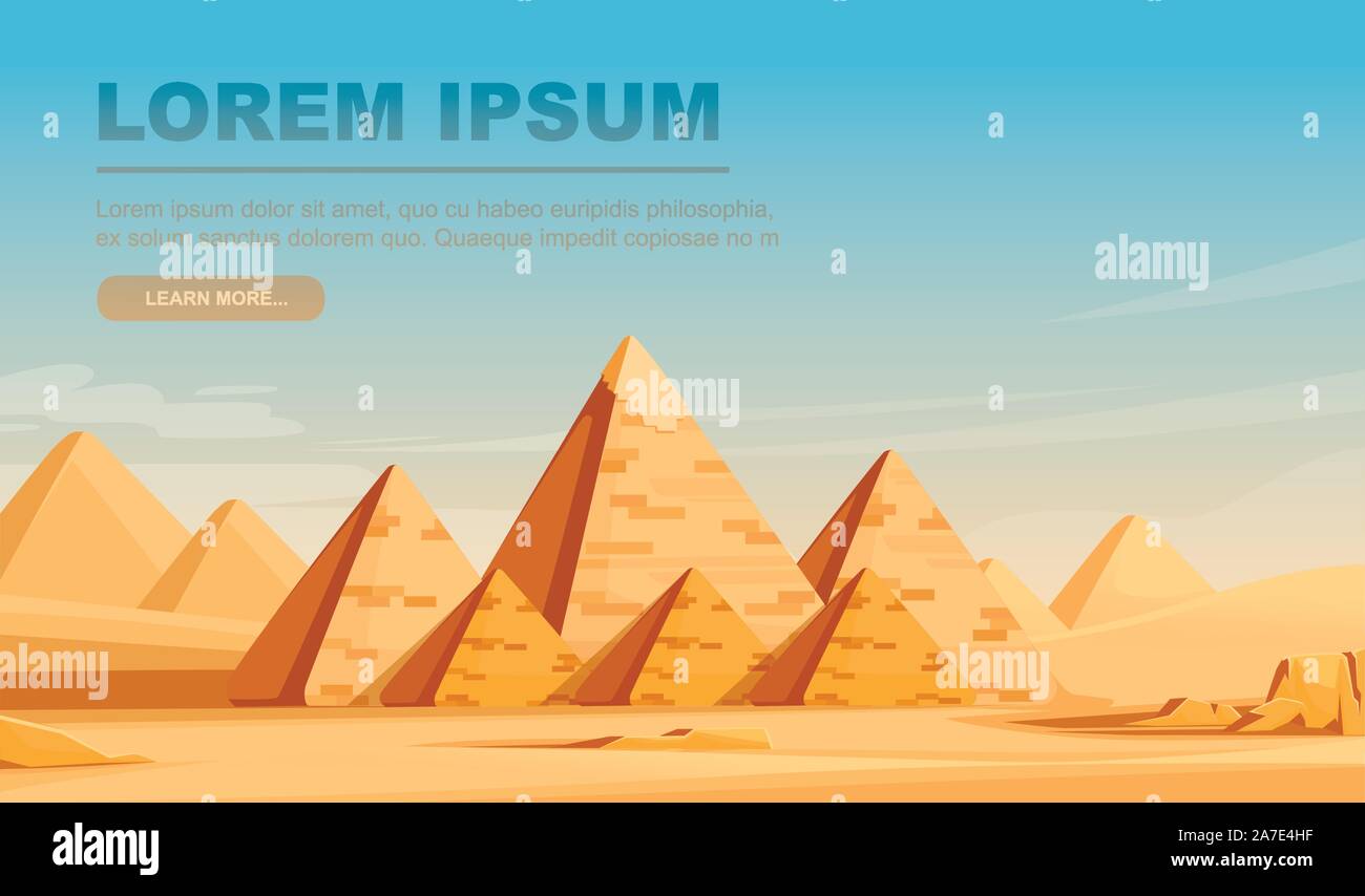 Giza Piramidi Egizie paesaggio desertico con sky flat illustrazione vettoriale banner orizzontale design. Illustrazione Vettoriale