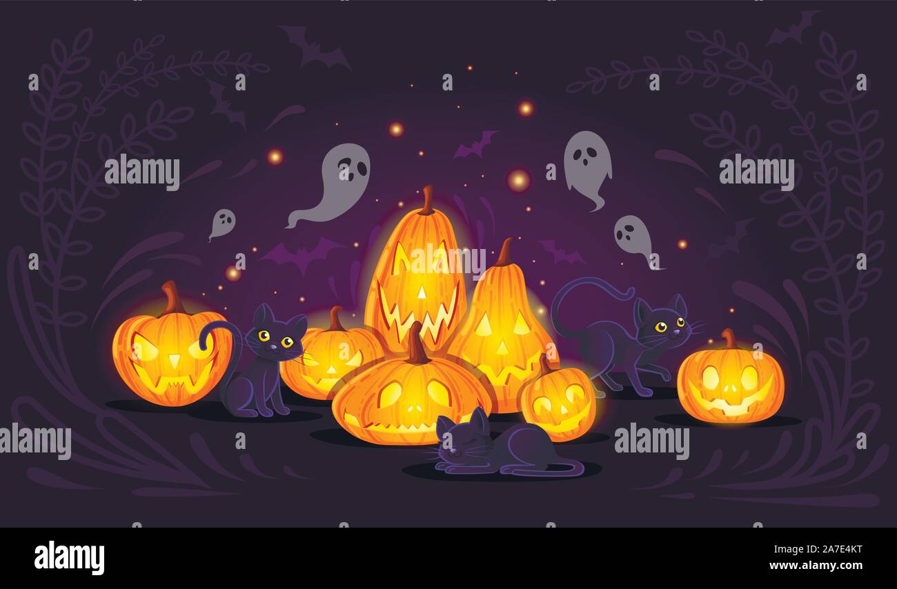 Zucche di Halloween con i gatti neri cartoon design animale spaventoso facce di zucca piatta illustrazione vettoriale su sfondo scuro con simpatici fantasmi. Illustrazione Vettoriale