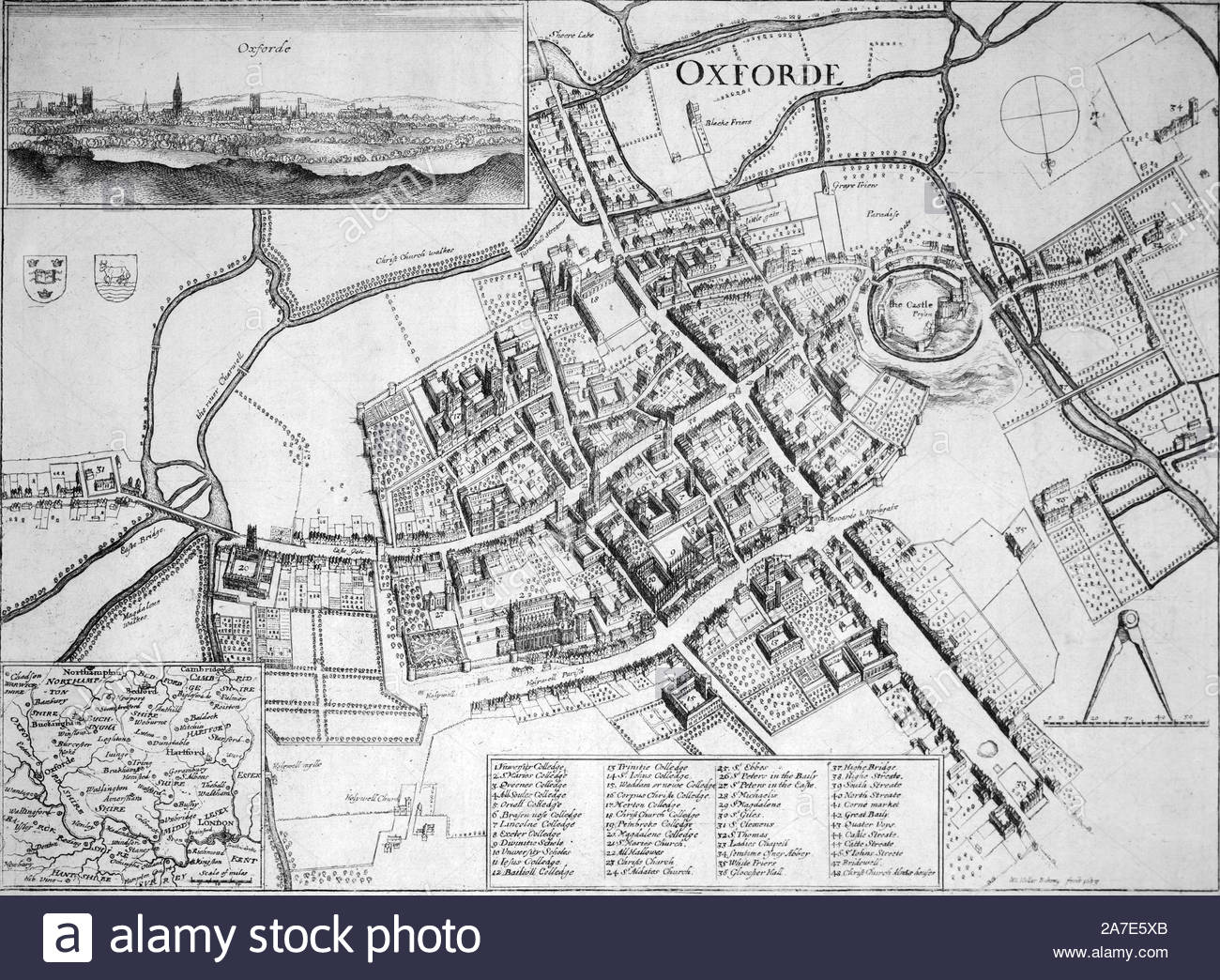 Vintage mappa di Oxford, attacco da incisore boemo Wenceslaus Hollar da 1600s Foto Stock