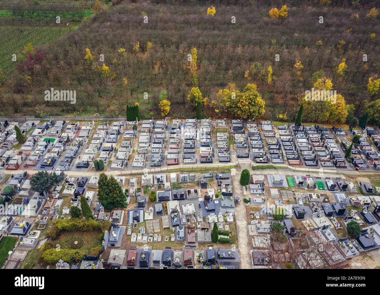 Vista aerea sul cimitero nel villaggio Rogow nella contea di Brzeziny, Lodzkie Voivodato in Polonia centrale Foto Stock