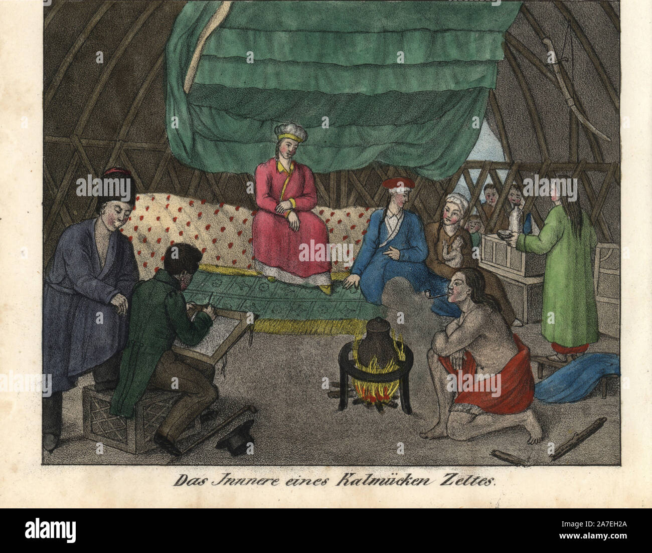 Kalmyk persone all'interno di una tenda o gher, bere il tè, tabacco da fumo, seduti su tappeti mentre un artista in abito occidentale schizzi di loro. Il Kalmyks o Oirats sono westen mongoli che hanno migrato alla riva occidentale del Mar Caspio. Litografia Handcolored da Friedrich Wilhelm Goedsche 'Vollstaendige Völkergallerie in getreuen Abbildungen' (galleria completa dei popoli in vero foto), Meissen, circa 1835-1840. Goedsche (1785-1863) è stato uno scrittore tedesco, libraio e editore di Meissen. Molte delle illustrazioni sono state adattate da Bertuch 'Bilderbuch fur Kinder' e altri. Foto Stock