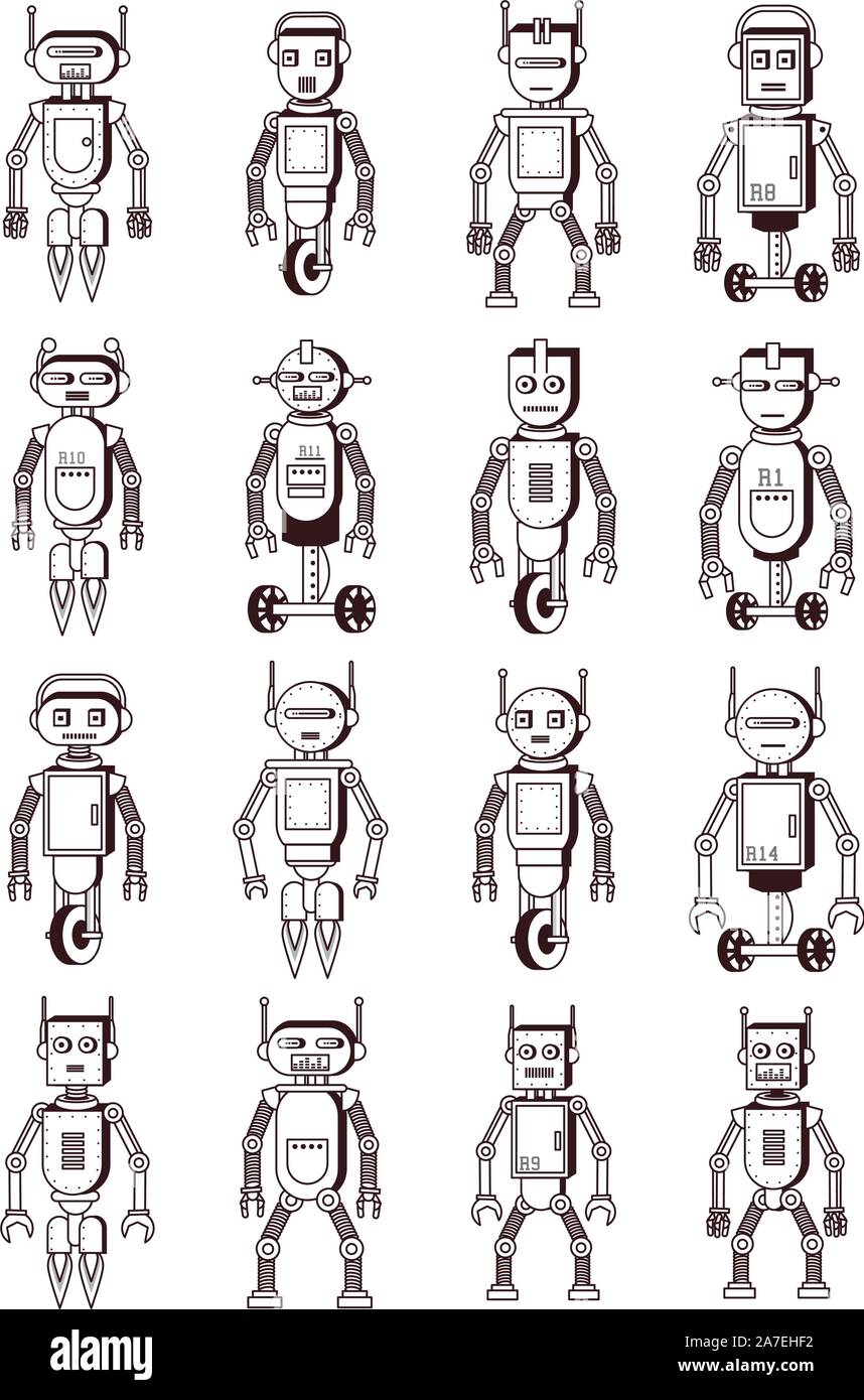 Bundle di tecnologia robot impostare le icone Illustrazione Vettoriale