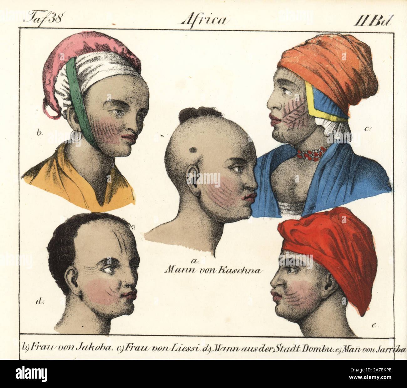 Uomo di Katsina (Nigeria), uomo di Jakoba unito (Hausa dipendente), donna di lussi regione (Ciad), l'uomo della città Dombu (Sierra Leone) e Felatah uomo del regno Jarriba. Litografia Handcolored da Friedrich Wilhelm Goedsche 'Vollstaendige Völkergallerie in getreuen Abbildungen' (galleria completa dei popoli in vero foto), Meissen, circa 1835-1840. Goedsche (1785-1863) è stato uno scrittore tedesco, libraio e editore di Meissen. Molte delle illustrazioni sono state adattate da Bertuch 'Bilderbuch fur Kinder' e altri. Foto Stock