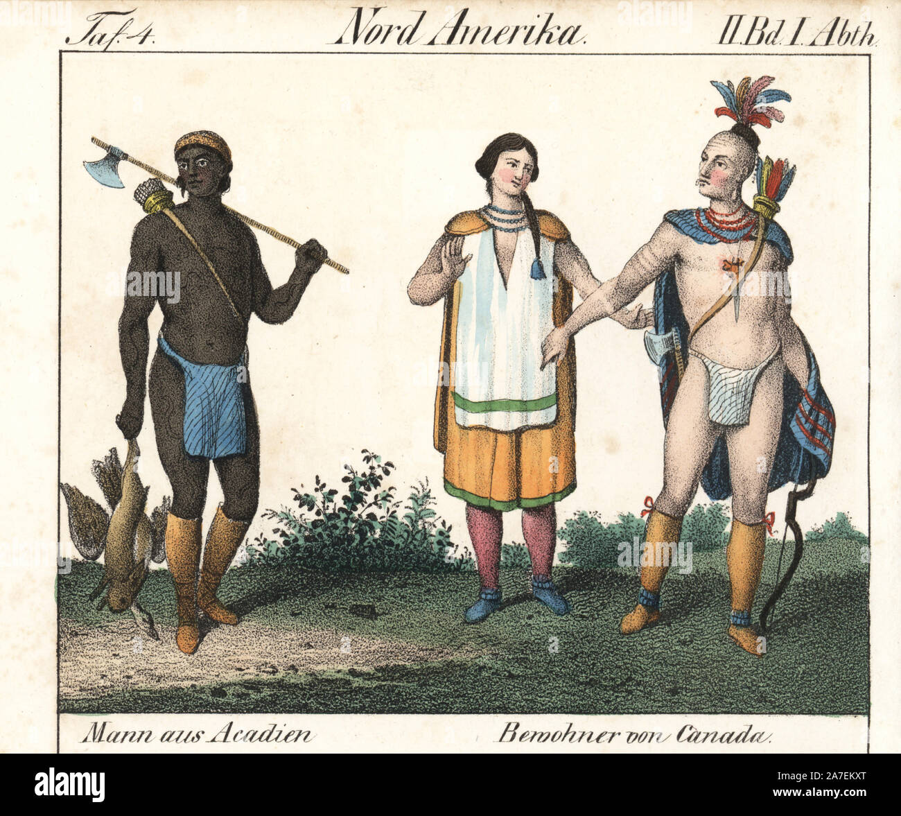 Tatuato Acadian uomo con ax e la faretra holding selvaggina abbattuta e maschio e femmina indigeni del Canada, uomo in capo a prua, faretra e ax e donna in tunica. Litografia Handcolored da Friedrich Wilhelm Goedsche 'Vollstaendige Völkergallerie in getreuen Abbildungen' (galleria completa dei popoli in vero foto), Meissen, circa 1835-1840. Goedsche (1785-1863) è stato uno scrittore tedesco, libraio e editore di Meissen. Molte delle illustrazioni sono state adattate da Bertuch 'Bilderbuch fur Kinder' e altri. Foto Stock