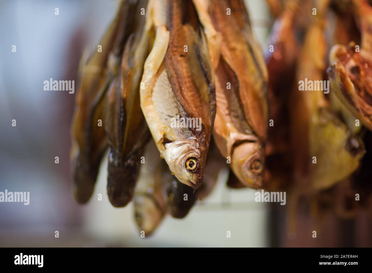 Pesci secchi appesi al mercato locale. Kowloon, Hong Kong Foto Stock