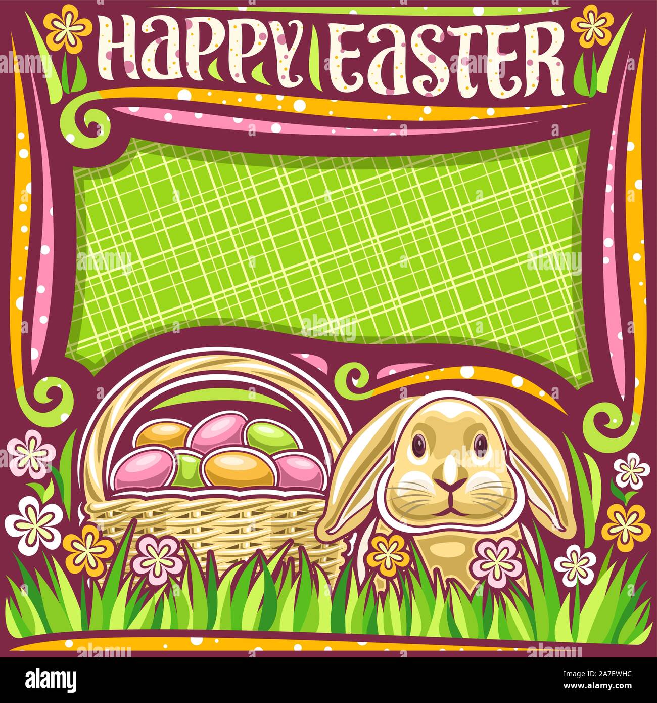 Poster del vettore per vacanze di Pasqua con copia spazio, dark frame con giallo e rosa fiori selvatici, testa di coniglio con orecchie divertenti, pottle rustico con pila o Illustrazione Vettoriale