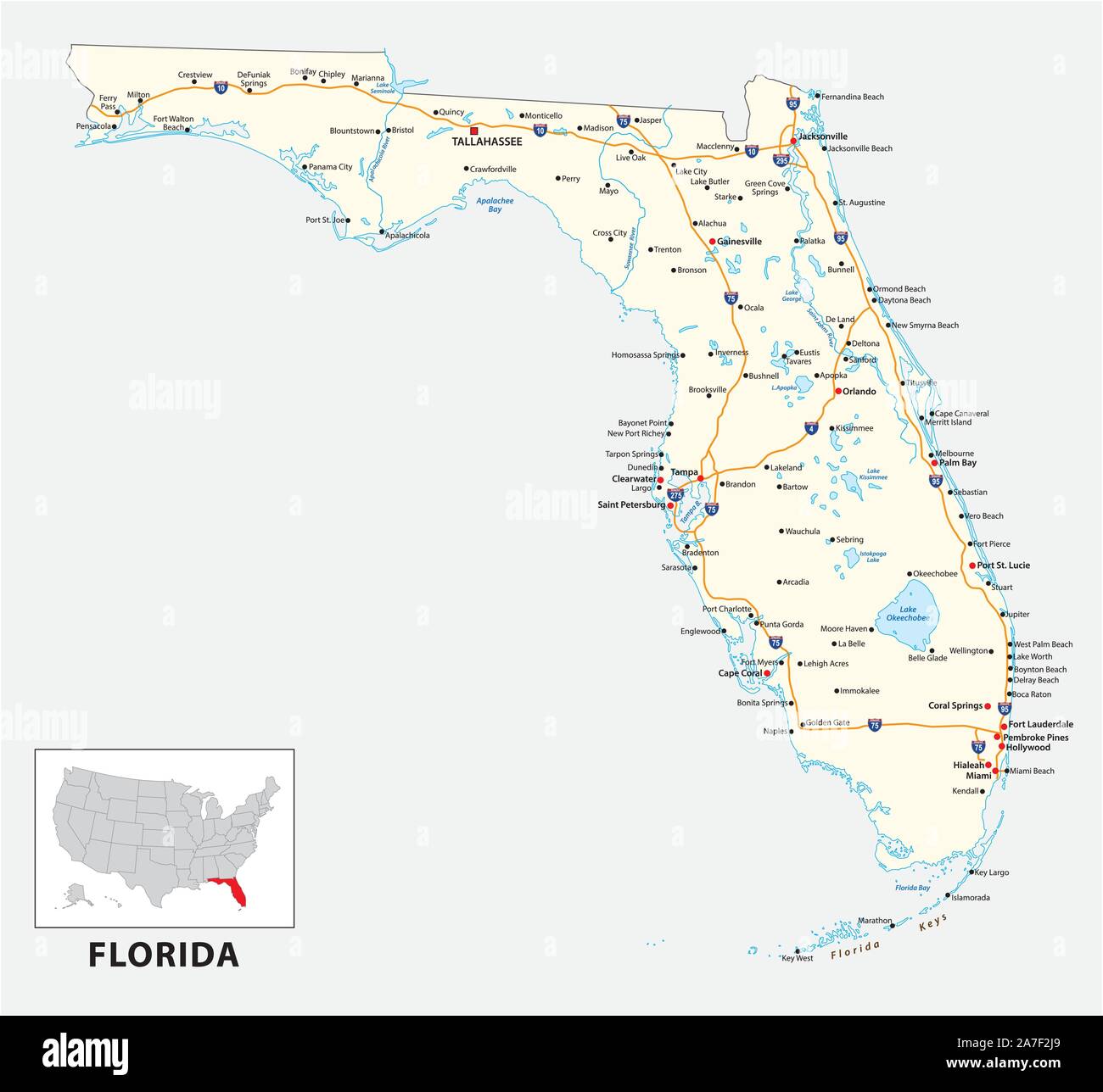 La mappa stradale di Stato americano della Florida Illustrazione Vettoriale