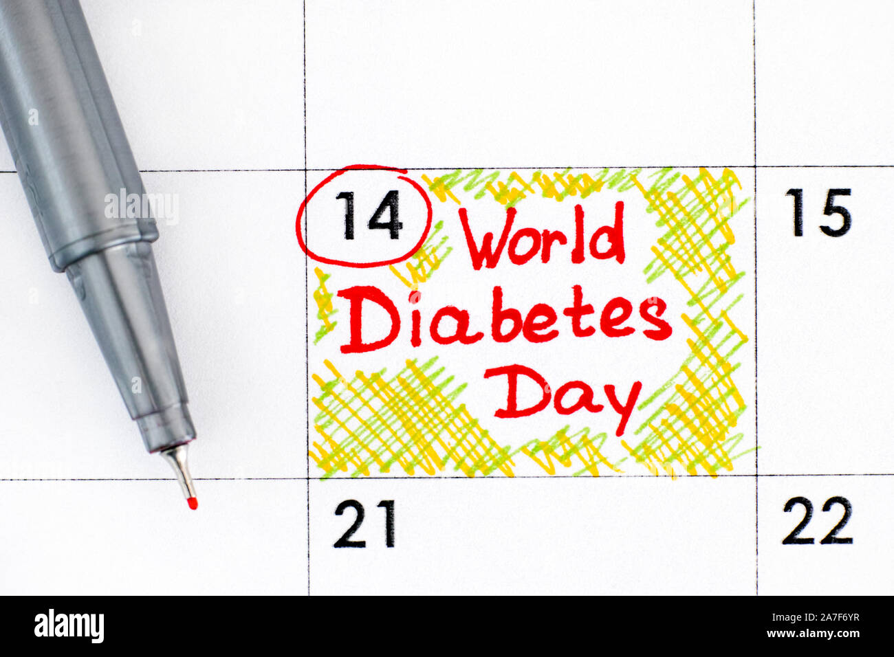 Ricorda la Giornata mondiale del diabete in calendario con penna rossa. Novembre 14. Foto Stock