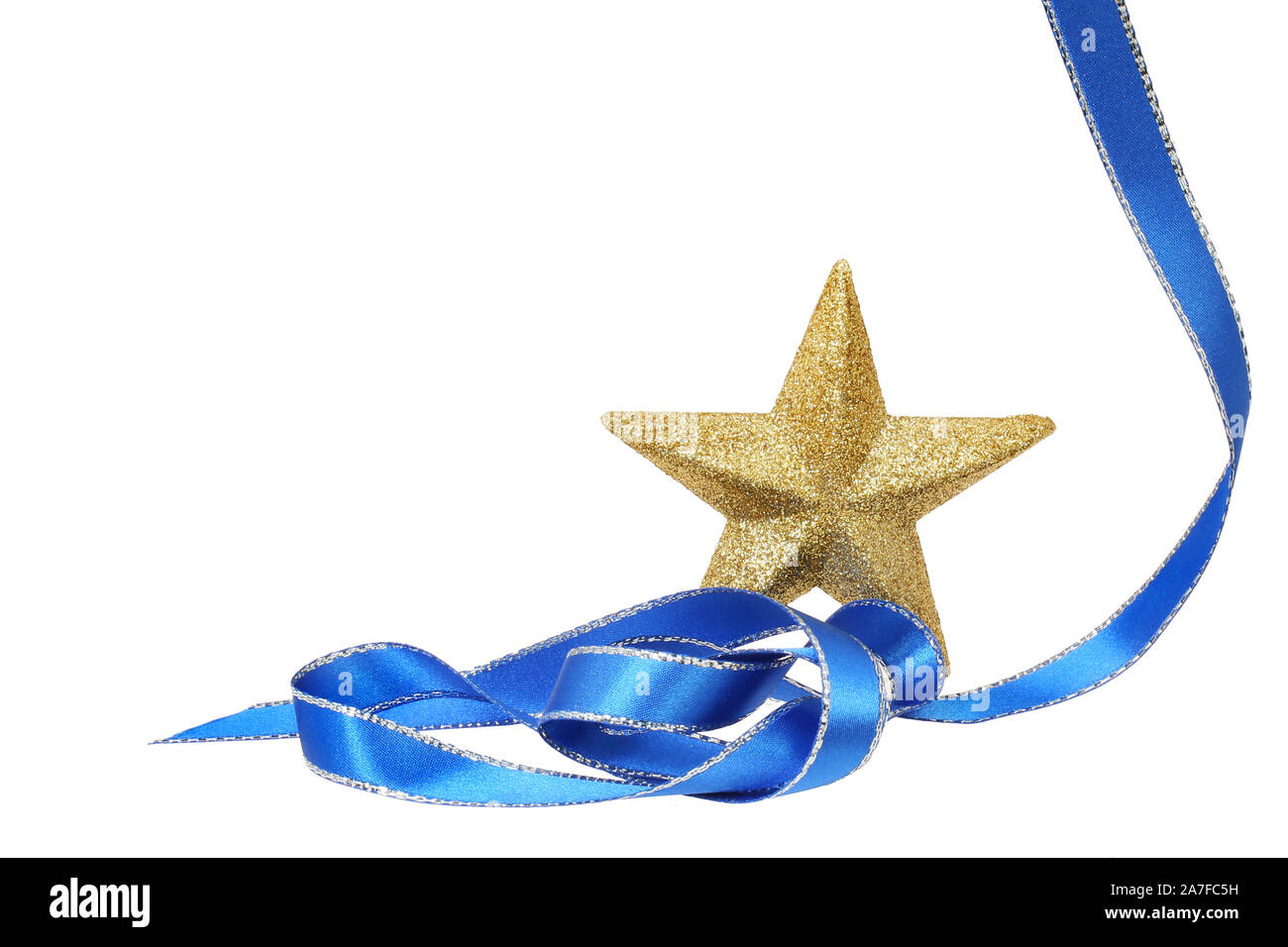 Oro glitter star e blu e argento nastro tema natale isolato bianco gainst Foto Stock