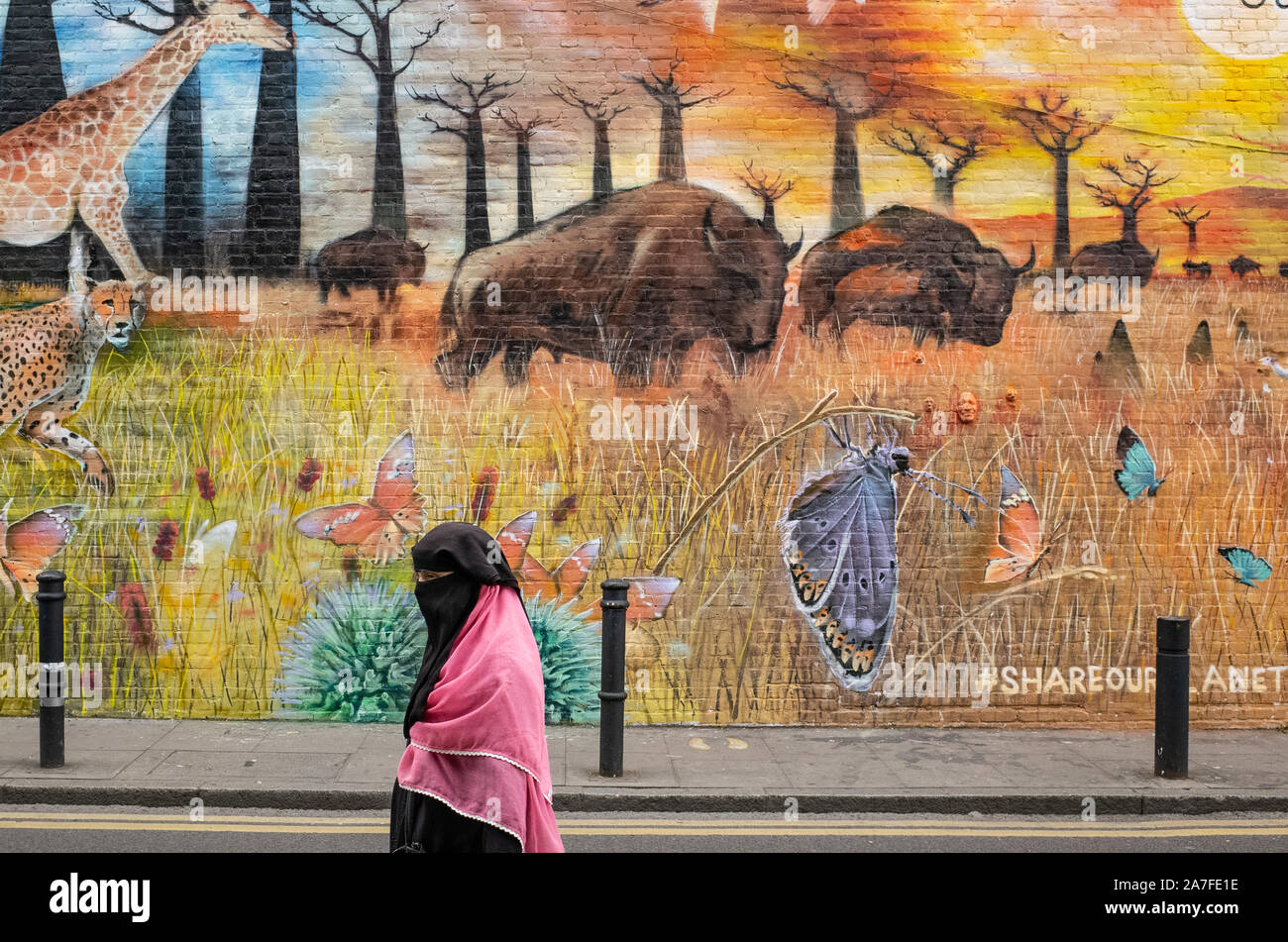 Un meraviglioso pezzo di arte di strada adorna una parete in Bethnal Green, East London REGNO UNITO. Passato a piedi è una donna nel tradizionale abito islamico. Foto Stock