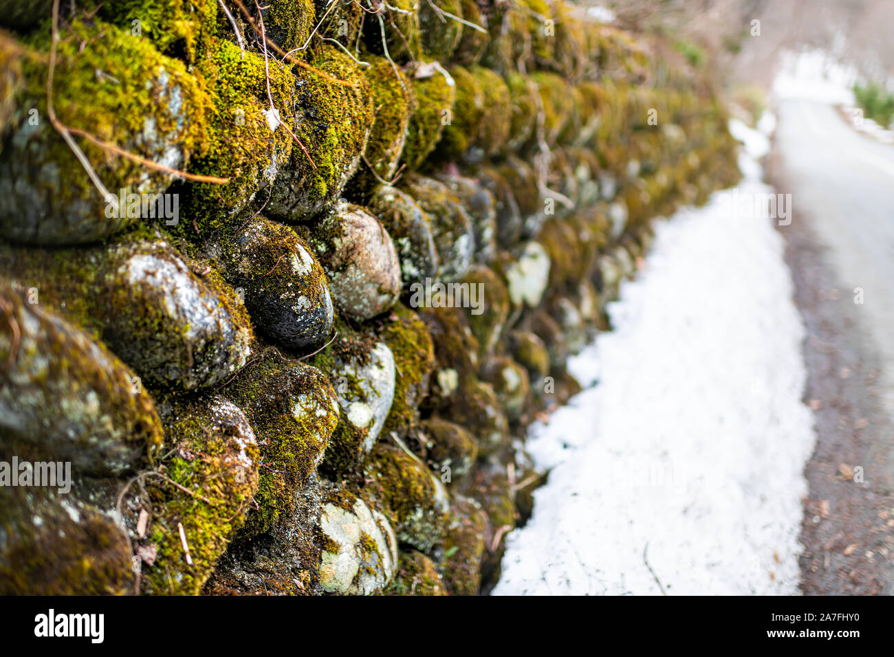 Abstract closeup di muro di pietra in Okuhida villaggi vicino a Takayama, Giappone montagna nella Prefettura di Gifu park con MOSS e neve su strada Foto Stock