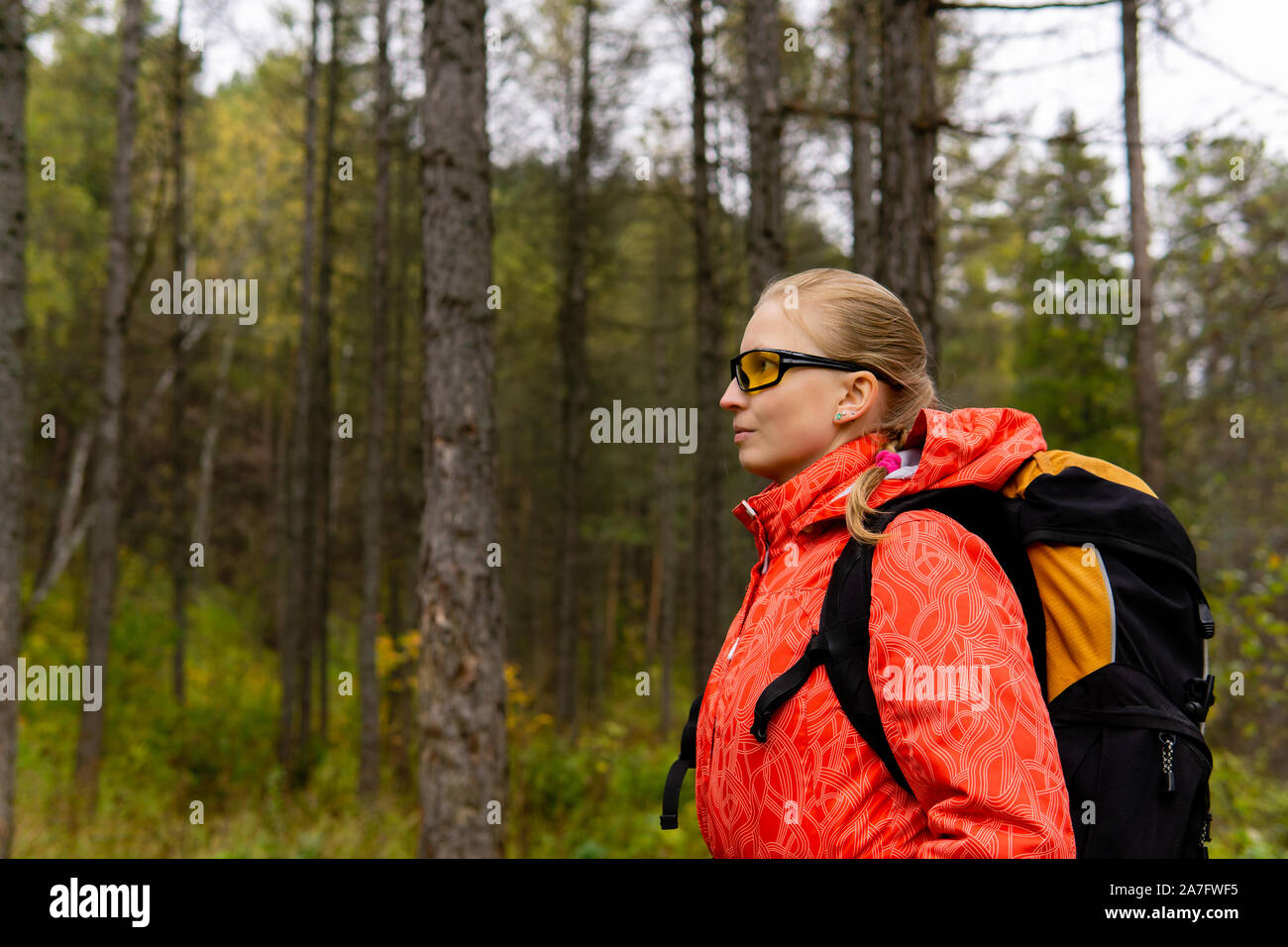 Giovane donna bionda escursionista con zaino in autunno la foresta, mezza lunghezza ritratto Foto Stock
