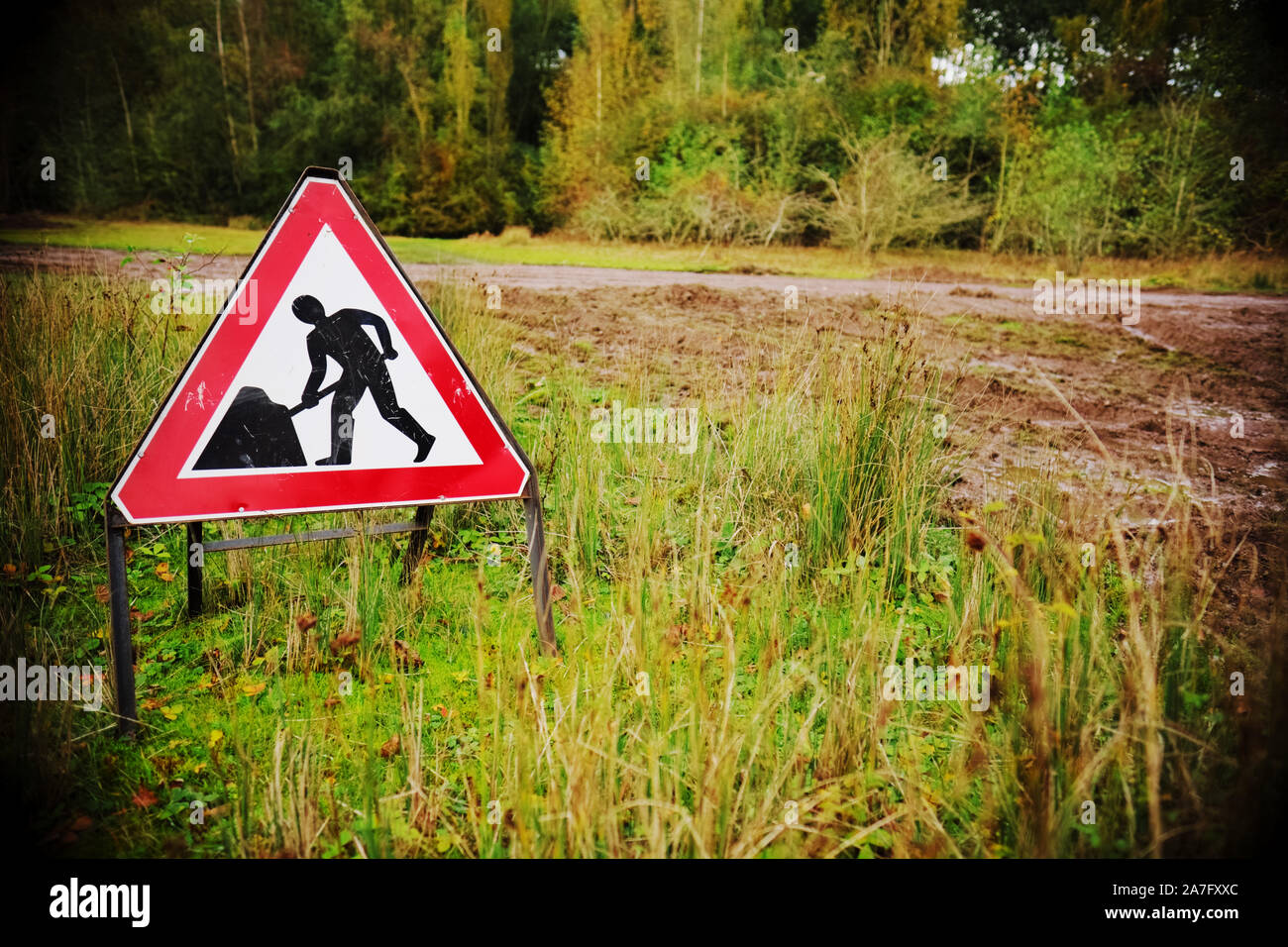 Roadworks cartello stradale in zone rurali remote località di campagna novembre REGNO UNITO Foto Stock