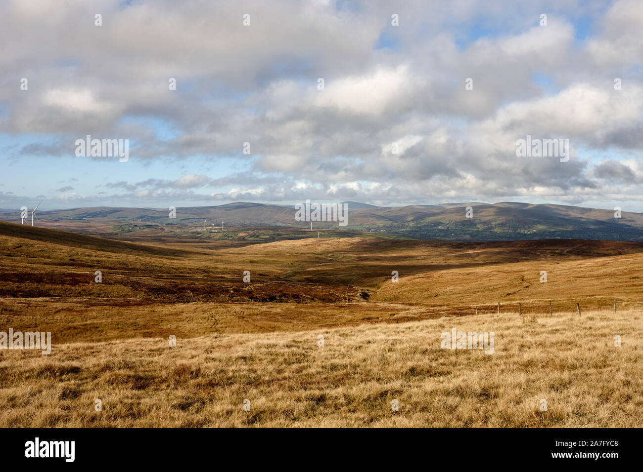 Vista di autunno a ovest dal vertice di Slieve Gallion oltre nella contea di Derry coperta torbiere Irlanda del Nord Foto Stock