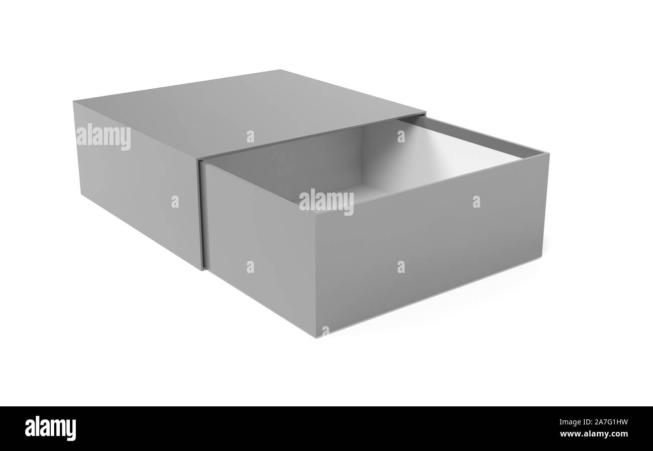 La casella di scorrimento. Bianco grigio scatola aperta mock up. 3D rendering immagine isolata su sfondo bianco Foto Stock