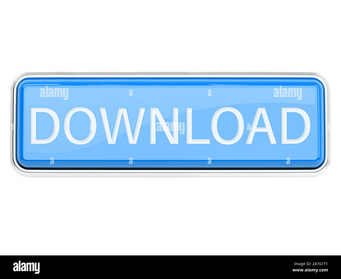 Il pulsante di download. Blue icona quadrata con telaio cromato. 3D rendering immagine isolata su sfondo bianco Foto Stock