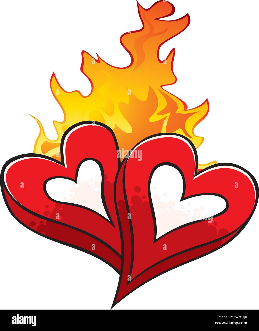 Fuoco di amore su caldo amato cuori isolati su bianco Illustrazione Vettoriale