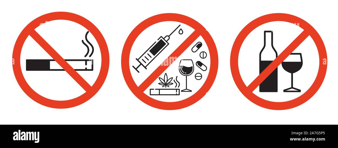 Segno di droghe proibite in rosso barrato cerchio su sfondo bianco. Non fumare, non la droga, non vaping e nessun alcool. Vettore isolato illustrazione. Illustrazione Vettoriale